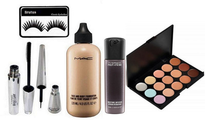 

BRUTUS Eyelashes, Mac 15 Shades Concealer Palette, Brooke Candy Eyeliner & Mascara, Face & Body Foundation, Prep + Prime Moisture Infusion Face Serum(Set of 6)
