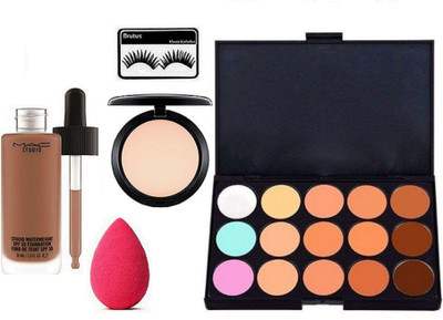

brutus Eyelashes ,Mac 15 Shades Concealer Palette, Compact , Studio Waterweight Liquid Foundation With Spong Puff(Set of 5)