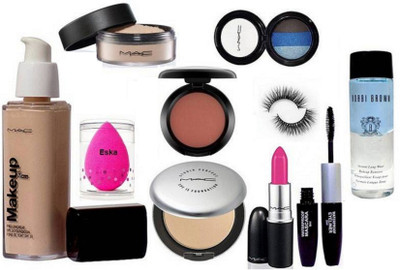 

eska Sponge Puff, Makeup Pro Longwear Foundation Spf 10, Mac Studio Prefect Compact,Candy Yum-yum Lipstick, Blusher,Loose Powder, 3 Color Shade Eyeshadow & Colocbar 2 in 1 Eyeliner+Mascara,Eyelashes & Bobbi Brown Insta Liquid Makeup Remover(Set of 10)