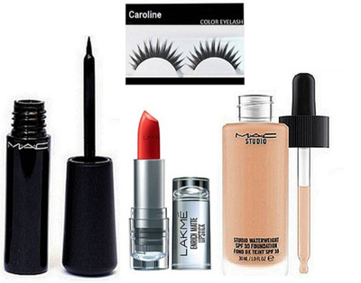 

caroline Eyelashes, Mac Waterweight Eyeliner, Studio Water Weight Spf 30 Foundation& Lakme 9to5 Enrich Matte Lipstick(Set of 4)