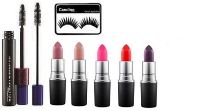 

caroline Eyelashes with Dual side Brush Mascara +Lipstick set of 5(Set of 7)