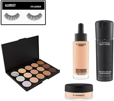 

GLORIST Eyelashes, Mac 15 Shades Concealer Palette, Studio Waterweight Foundation, Losse Powder, Prep + Prime Moisture Infusion Face Serum(Set of 5)