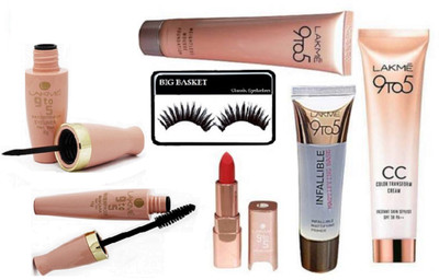 

big Basket eyelashes , 9 to 5 cc color transform crream , weightless mousse foundation , infallible mattifying primer , matte finish lipstick , liquid eyeliner & mascara(Set of 7)