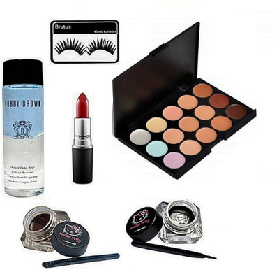 

brutus Eyelashes,Mac 15 shades Concealer Palette, Hello kitty Two Eyeliner, Bobbi Brown Instant Long Wear Makeup Remover, Matte Finish Lipstick(Set of 6)