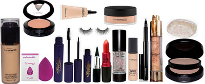 

Professional kit Sponge Puff & Mac Studio Waterweight Foundation & Padma Mascara & Eyeliner & Eyelashes & Stick Kaj & Lady Gaga Lipstick & Select Cover up & Primer & Pro Longwear Concealar & Pen Eyeliner & Loose Powder & Highlighter & Blusher & Face compa