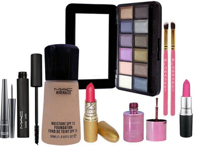 

big Basket Brush 2, Mac Mesmerizing Eye shadow & Mac mineralize moisture Foundation & Liquid Last Eyeliner,Zoom Lash Mascara, mariah carry Lipstick & Matte Finish Lipstick & Mirror Nail Polish (Set of 9)(Set of 9)