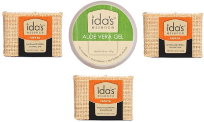 

Ida's Essence Handmade Bathing Bar - Papaya - Lightens and exfloiates (Pack of 3) and 100% Pure Aloin Filtered Paraben free Aloe Vera Gel for Glowing and Radiant Skin(Set of 4)