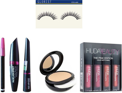 

GLORIST 4 combo of Huda Pink Edition, eyeliner, mascara, Kajal pecil, Mac compact powder & Eyelashes(Set of 9)