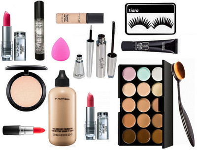 

tiara Eyelashes, Shades Conseler Palatte , Face & body Foundation , Pro long wear conceler , Brook Candy Eyeliner, Masacra , Lakme Lipstick Pack of 2 , BB beauty blam cream , Pearl Gel Primer , Sponge Puff , Matte Finish Orange Lipstick(Set of 13)