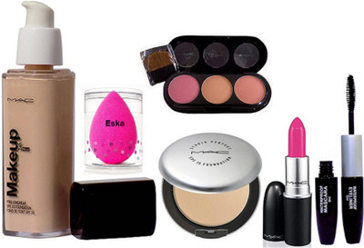 

eska Sponge Puff, Mac Makeup Pro Longwear Foundation Spf 10,Studio Prefect Compact,Candy Yum-yum Lipstick, 3 Shade Blusher & Colocbar 2 in 1 Eyeliner+Mascara(Set of 6)