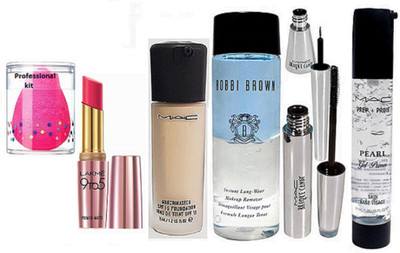 

Professional kit sponge puff , mac match master foundation , prep+prime pearl primer ,brooke candy eyeliner & mascara , bobbi brown instant long wear remover with 9 to 5 primer+matte lipstick(Set of 7)