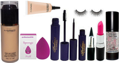 

Professional kit Sponge Puff & Mac Studio Waterweight Foundation with Padma Mascara & Eyeliner & Eyelashes & Stick Kaj & pink Lipstick & Select Cover up & Primer(Set of 9)