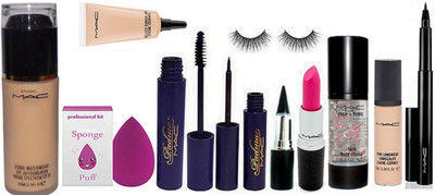 

Professional kit Sponge Puff & Mac Studio Waterweight Foundation & Padma Mascara & Eyeliner & Eyelashes & Stick Kaj & pink Lipstick & Select Cover up & Primer & Pro Longwear Concealar & Pen Eyeliner(Set of 11)