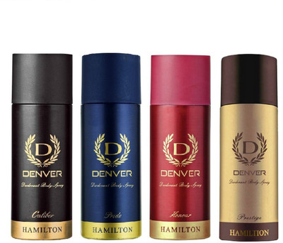 

Denver PRIDE DEODORANT 165 ML+PRESTIGE DEODORANT 165 ML+CALIBER DEODORANT 165 ML+HONOUR DEODORANT 165 ML Deodorant Spray - For Men & Women(165 ml, Pack of 4)
