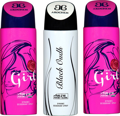 

arochem GIRL-2 & BLACK OUDH DEO COMBO DYNAMIC DEODORANT SPRAY Body Spray Body Spray - For Men & Women(600 ml, Pack of 3)