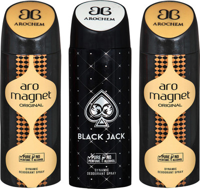 

AROCHEM ARO MAGNET , BLACK JACK AND ARO MAGNET DYNAMIC PURE Deodorant Spray - For Men & Women(200 ml, Pack of 3)