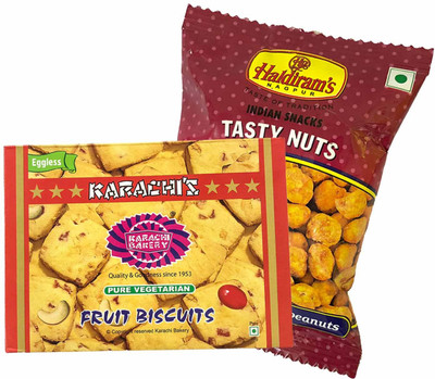 

Mithai4all Diwali Gift Hamper of Fruit Biscuits, Tasty Nuts (150gms) with Paper Bag Combo(1 Hamper)
