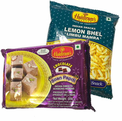 

Mithai4all Diwali Gift Hamper of Chocolate Soan Papdi, Lemon Bhel with Paper Bag Combo(1 Hamper)