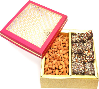 

Ghasitaram Gifts Chocolates-Carving Box with English Brittle Chocolates and Almonds Combo(3)