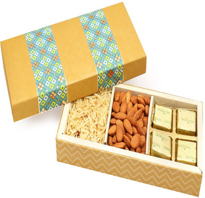 

Ghasitaram Gifts Chocolates-3 Part Print Almonds, Chocolate and Namkeen Box Combo(4)