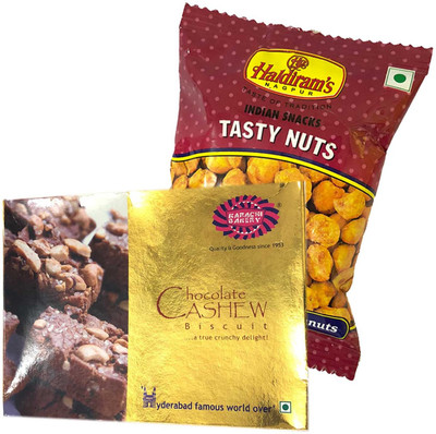 

Mithai4all Diwali Gift Hamper of Chocolate Cashew Biscuits, Tasty Nuts (150gms) with Paper Bag Combo(1 Hamper)