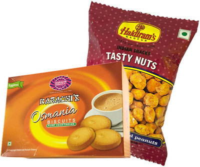 

Mithai4all Diwali Gift Hamper of Osmania Biscuits, Tasty Nuts (150gms) with Paper Bag Combo(1 Hamper)