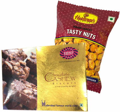 

Mithai4all Diwali Gift Hamper of Chocolate Cashew Biscuits, Tasty Nuts (50gms) with Paper Bag Combo(1 Hamper)