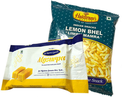 

Mithai4all Diwali Gift Hamper of Mysurpa, Lemon Bhel with Paper Bag Combo(1 Hamper)