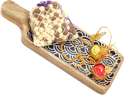 

Ghasitaram Gifts Chocolates-Wooden Blue Serving Platter/ Pooja Thali with 2 Hanging T-Lite and Nutties Pouch Combo(4)