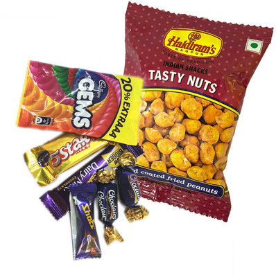 

Mithai4all Diwali Gift Hamper of Cadbury Mix Chocolates, Tasty Nuts (150gms) with Paper Bag Combo(1 Hamper)