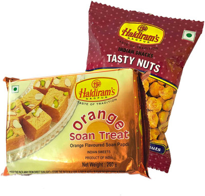 

Mithai4all Diwali Gift Hamper of Orange Soan Papdi, Tasty Nuts (50gms) with Paper Bag Combo(1 Hamper)