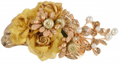 

Rapunzel Designer Metal Stoned Hair Clip with Fabric flowers Hair Clip(Gold)