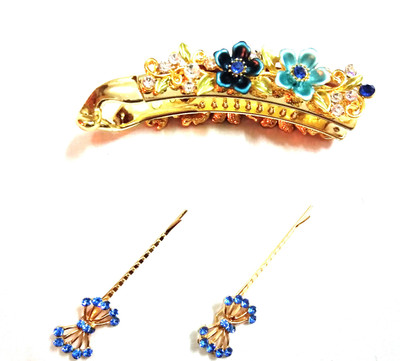 

KANISHA FASHION GOLD TONE ALLOY BANANA CLIP WITH HAIR PIN WITH FLOWER AND RHINESTONE Banana Clip, Hair Pin, Hair Claw(Blue)