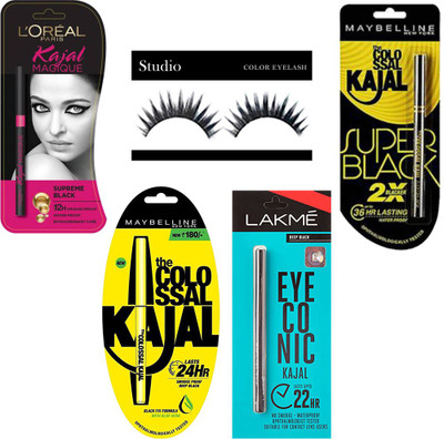 

studio color combo Eyelashes, Lakme Eyeconic , L'Oreal Magique , Maybelline Superblack & Colossal (Pack of 5) (Set of 5)(Set of 5)