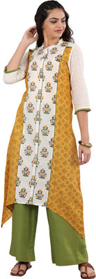 Aurelia Women Floral Print Trail Cut Kurta(White, Yellow)