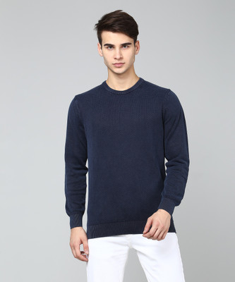 FLYING MACHINE Solid Round Neck Casual Men Blue Sweater