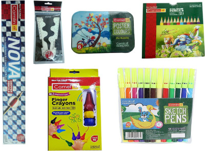 

Camlin 10 NOVA GRIPPER PENCILS +1 SET FINGER CRAYONS(10 SHADES)+ 1 SUPREME FOLDABLE SCALE + 1 SET COLOUR PENCILS(12 SHADES)+ 1 SET SKETCH PEN (12 SHADES) + 1 SET POSTER COLOUR (6 SHADES)