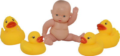 

Katochs Rubber Baby Boy Doll with 4 Baby Duckies Family Floating Bath Tub Squeeze Whistle Toys (Set of 5) Bath Toy(Multicolor)