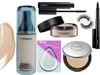 

eska Silicon Puff, Mac Matchmaster Foundation, Studio Prefect Compact, Loose Powder, Zoom Lash Mascara, Pen Eyeliner,Eyelashes(Set of 7)