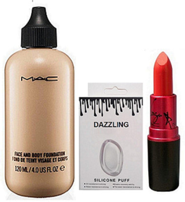 

Dazzling Silicon Puff & Face And Body Foundation & Lady Gaga Lipstick(Set of 3)