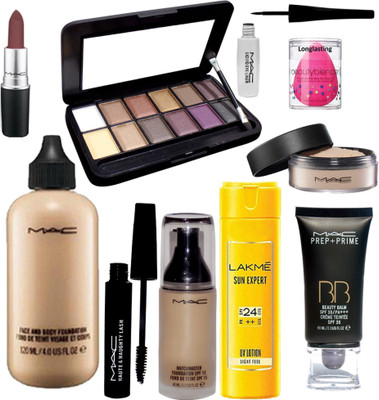 

Longlasting Sponge Puff,Mac Eyeshadow Palette 12 Shades,Liquidlast Liner,Mascara,Match Master Foundation,Matte Finish Lipstick,B B Prep Prime Foundation,Loose Powder Compact,Sun Expert SPF 24 Lotion(Set of 10)