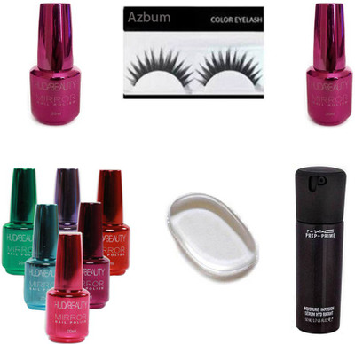 

azbum combo set of eyelashes silicon puff prep+prime serum nail paint(Set of 11)
