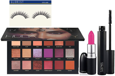 

GLORIST Eyelashes, HUDA BEAUTY DESERT DUSK PALETTE & Mac Candy Yum-yum Lipstick, Zoom Lash Mascara(Set of 4)