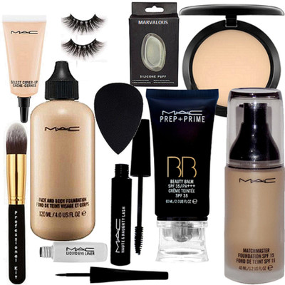 

marvalous silicon puff , face and body foundation , match master foundation , select cover up concealer , studio fix compact , prep+prime bb cream , liquid last eyeliner & water prof mascara , sponge puff with eyelashes & makeup brush(Set of 11)