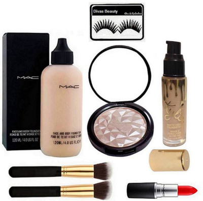 

Divas Beauty Eyelashes, Illuminator, Mac Face & Body Foundation, 2 Brush, Matte Foundation, Matte Finish Lipstick(Set of 7)
