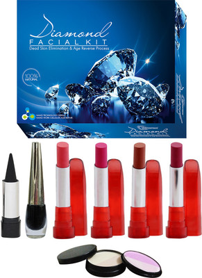 

NutriGlow Set of 1 Diamond radiance facial kit + 4 Lipsticks + 1 eye liner + 1 kajal + 1 compact ( 5in1 )(Set of 8)