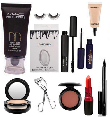 

Dazzling Silicon Puff & MAc Prep+Prime BB Beauty Foundation & Zoom Lash Mascara &Padma Eyeliner & Eyelashes & Curler & Blusher & COmpact & Lady Gaga lipstick & Pen Eyeliner & Select Cover-up(Set of 11)