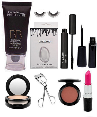

Dazzling Silicon Puff & MAc Prep+Prime BB Beauty Foundation & Zoom Lash Mascara & Eyeliner & Eyelashes & Curler & Blusher & COmpact & pink lipstick(Set of 9)