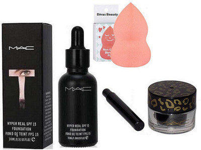 

divas beauty Sponge Puff, MAC Long Lasting Balm Gel Eyeliner, Hyper Real SPF 15 Foundation(Set of 3)