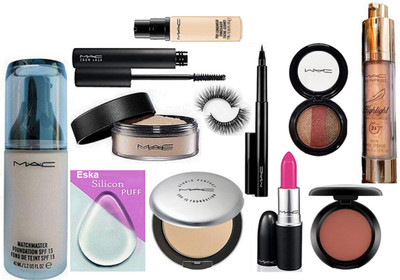 

eska Silicon Puff, Mac Matchmaster Foundation, Studio Prefect Compact, Loose Powder, Zoom Lash Mascara, Pen Eyeliner Eyelashes, candy Yum-yum Lipstick, 3 Shade Eyeshadow, Select Cover-Up, Pro longwear Concealer, Blusher(Set of 12)